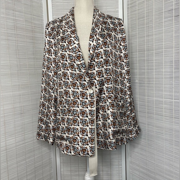 Raquel Allegra Ribbon Blazer Blue Brown Print Size M NWT - Picture 1 of 8